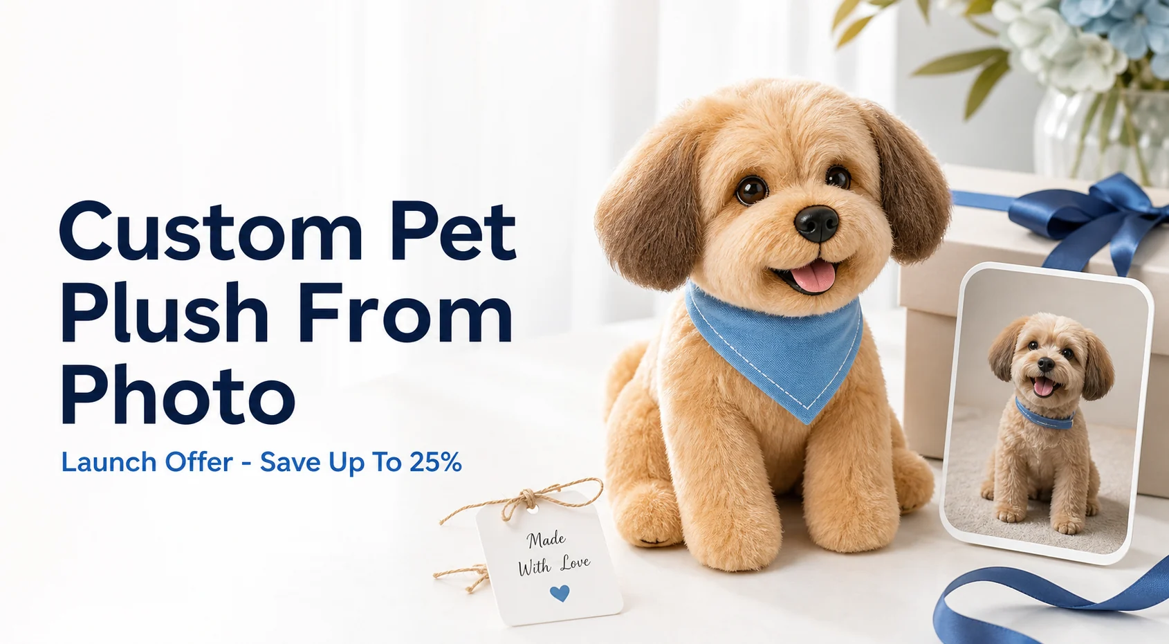 Custom pet plush from photo launch offer poster