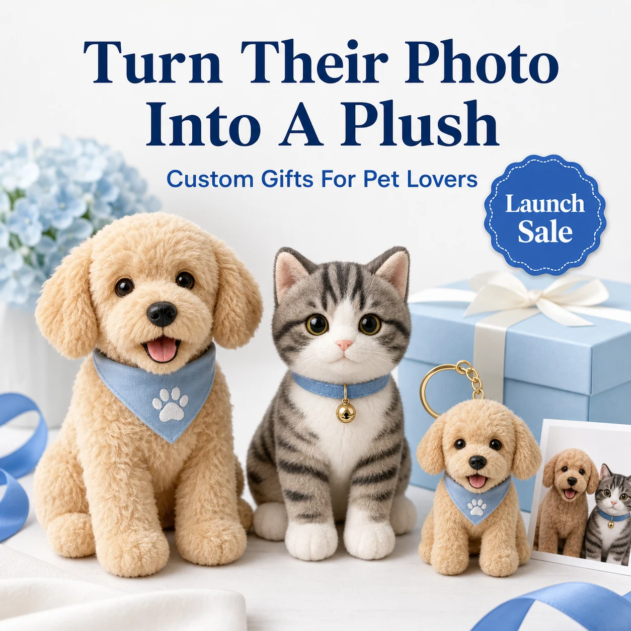 Custom pet plush social launch sale poster for dog and cat lovers